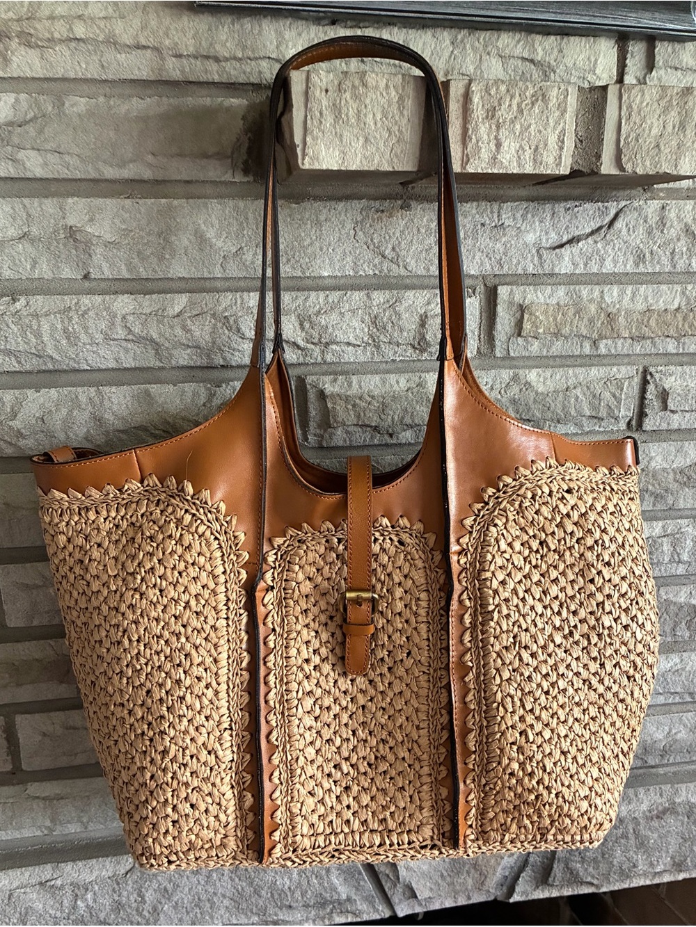 Patricia Nash Christiana Woven Satchel Tan with Leather Trim with dust bag.